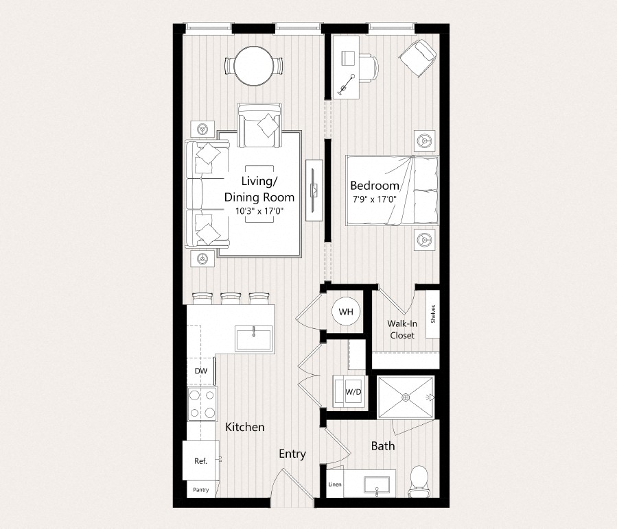 Floor plan for studio, 1 bath, 649 sqft